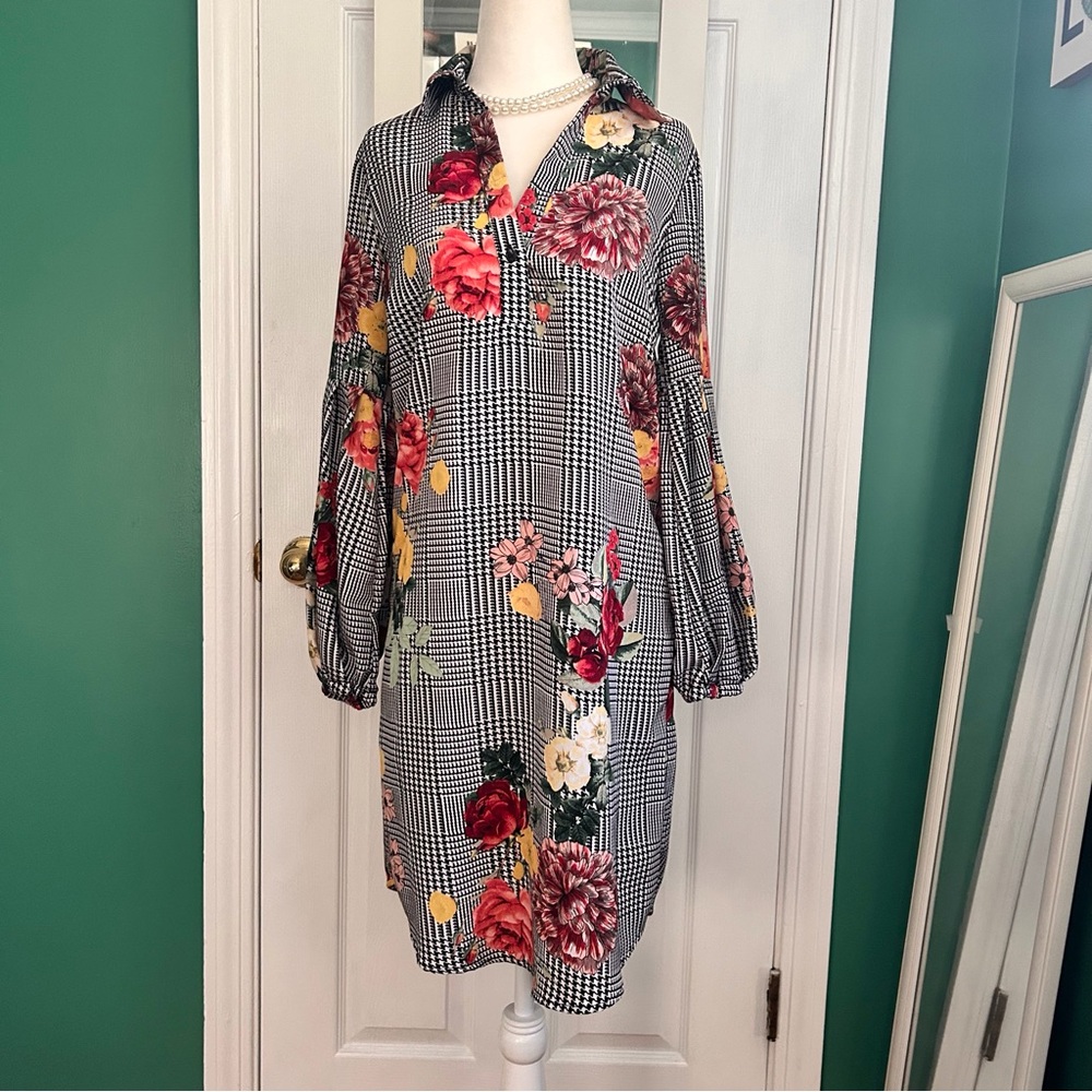 Spence Black/White Herringbone Plaid with Vibrant Florals Dress 4 NWT - Picture 4 of 13